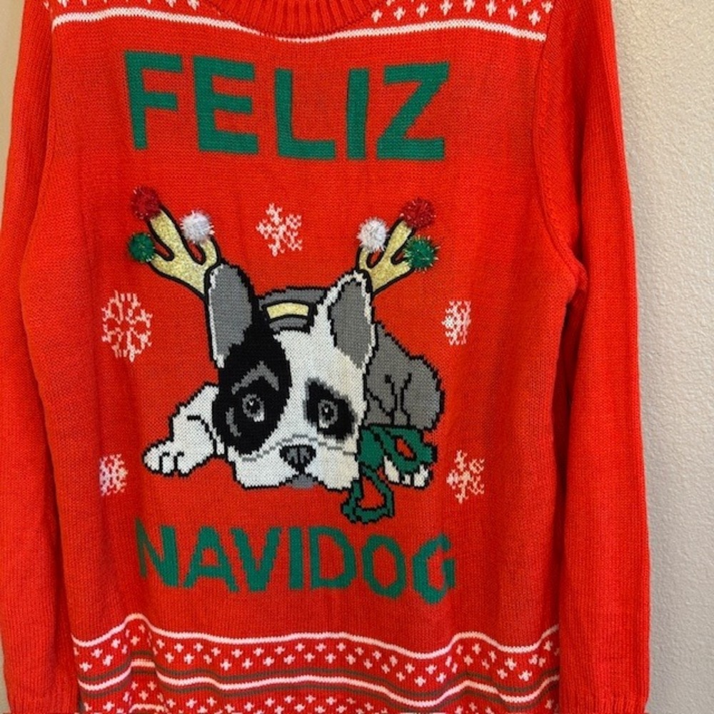 Feliz Navidog Women's Ugly Christmas Sweater 1X French Bulldog Red w/ scarf